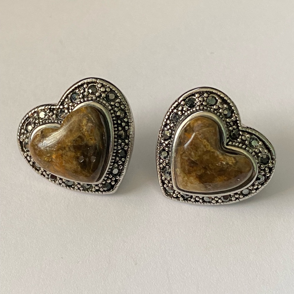 Heart Shaped Natural Stone Silver Tone Metal Earrings